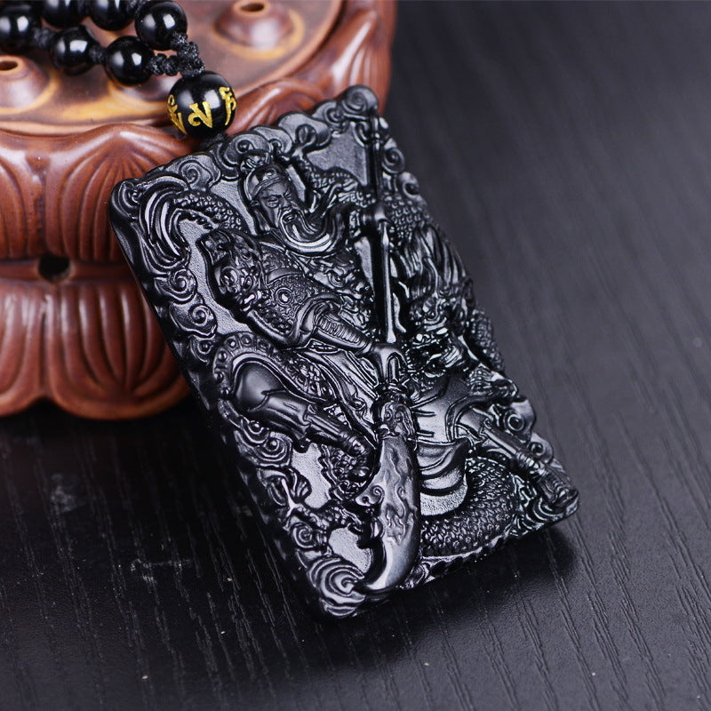 Natural Obsidian Dragon Guan Gong guan yu Necklace, Lucky Amulet Protection Pendant with Adjustable Bead Chain Black Crystal Talisman Spiritual Jewelry Gift