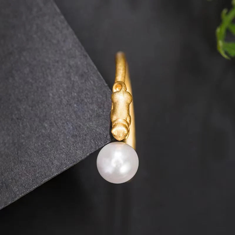 Original Design Gold Cat Pearl Silver Ring - Good Luck and Prosperity