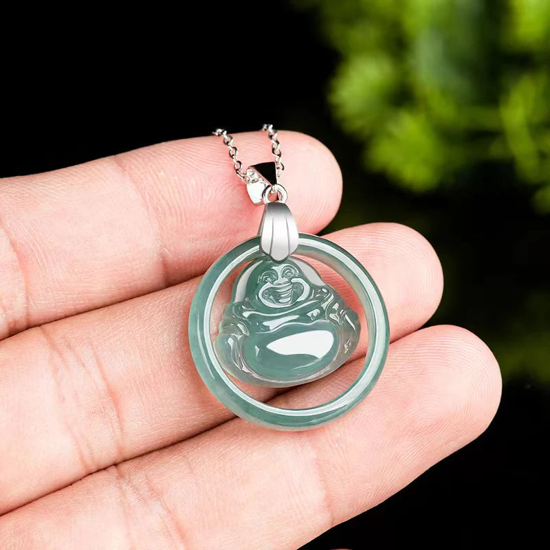 Natural Jade Laughing Buddha Pendant Necklace - Divine Mind And Hopefulness