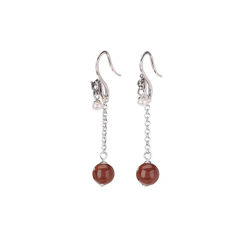 Auspiciousness Dragon And Phoenix Pearl 925 Silver Red Agate Earrings - Fortune and Prosperity