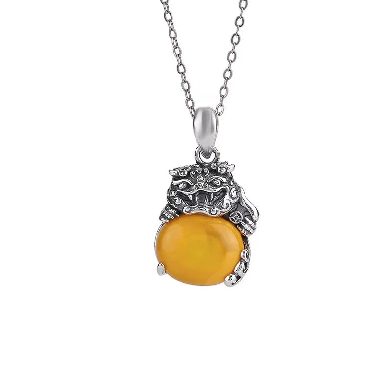 Taotie Yellow Agate 925 Silver Vintage Necklace - Defence And Balance