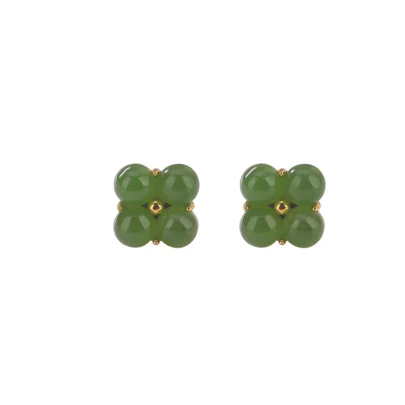 Lucky Four Leaf Clover 925 Silver Natural Jade Earrings - Luck And Hope