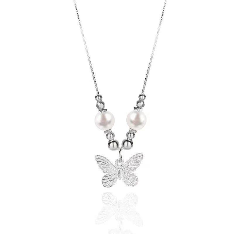 Butterfly Jade/Pearl Beads 925 Silver Necklace - Prosperity And Transformation