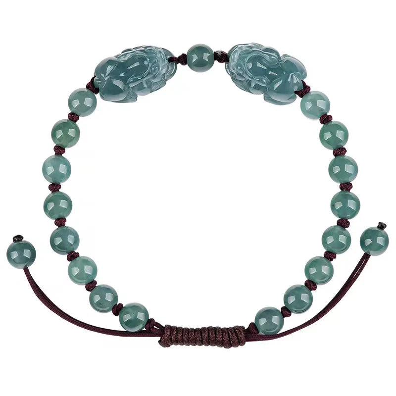 Double Pixiu Wealth Bracelet - Natural Ice Jade