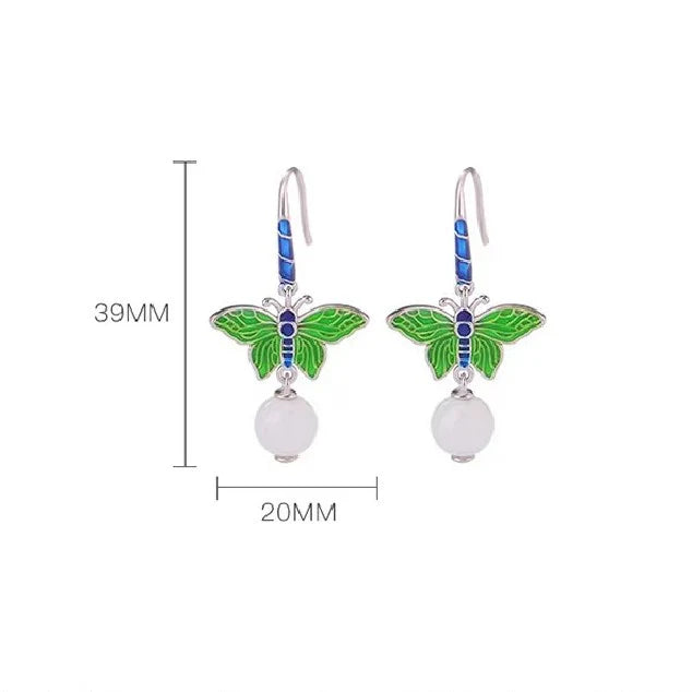 HeTian Jade Cloisonne Butterfly 925 Silver Earrings - Harmony And Peace