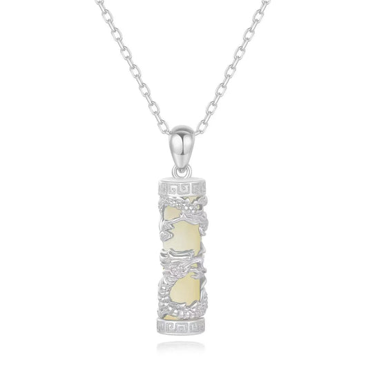 925 Silver Gold-plated Dragon Totem And Hetian Jade Pillar Pendant Necklace - Auspicious And Fortune