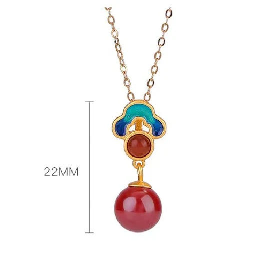 Auspicious Clouds Red Agate Round Bead Pendant S925 Sterling Silver Gold Plated Necklace - Wish And Lucky