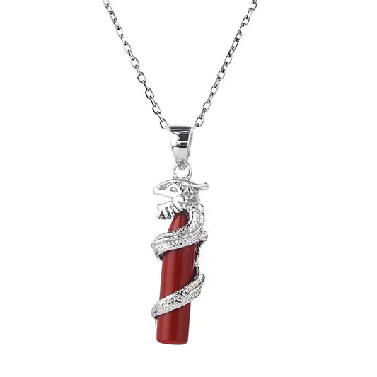 925 Silver Zodiac Dragon Red Agate Cylindrical Pendant Necklace - Auspiciousness And Prosperity