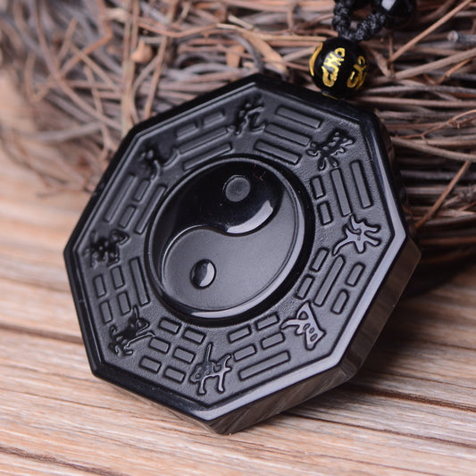 Natural Obsidian Yin Yang Pendant Necklace Lucky Amulet, Protection Pendant with Adjustable Bead Chain