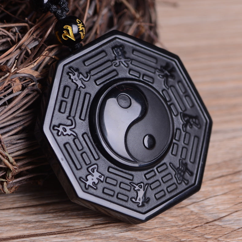 Natural Obsidian Yin Yang Pendant Necklace Lucky Amulet, Protection Pendant with Adjustable Bead Chain