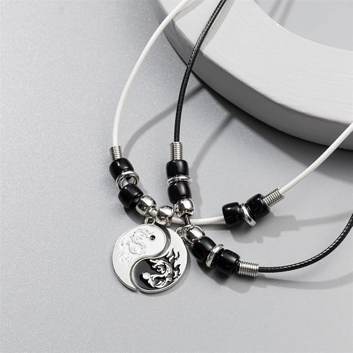 Tai Chi Yin Yang Bracelet Necklace Set for Couples, Feng Shui Lucky Jewelry, Matching Geometric Round Disc Yin Yang Charm Bracelets Necklaces for Men Women