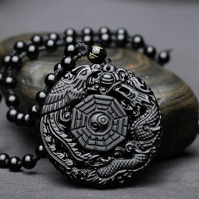 Natural Handwork Carved Black Obsidian Dragon Phoenix Yin Yang Pendant Necklaces