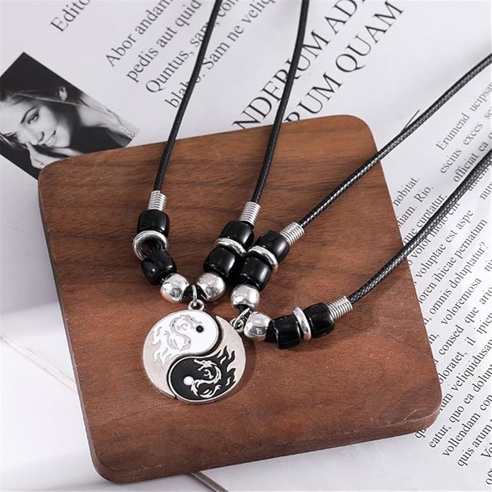 Tai Chi Yin Yang Bracelet Necklace Set for Couples, Feng Shui Lucky Jewelry, Matching Geometric Round Disc Yin Yang Charm Bracelets Necklaces for Men Women