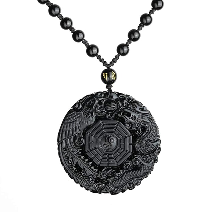 Natural Handwork Carved Black Obsidian Dragon Phoenix Yin Yang Pendant Necklaces