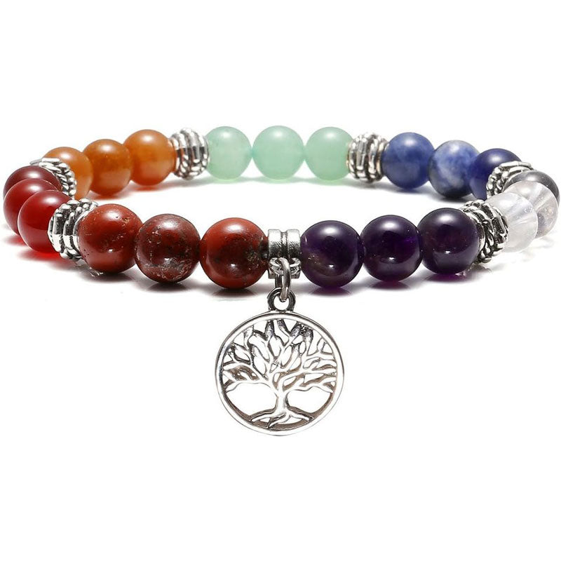 7 Chakra Reiki Healing Bracelet, Silver Alloy Life Tree Charm, Real Stones Yoga Meditation Mala Bead Elastic Bracelets