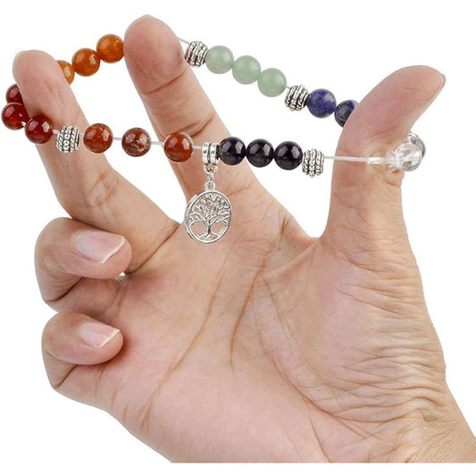 7 Chakra Reiki Healing Bracelet, Silver Alloy Life Tree Charm, Real Stones Yoga Meditation Mala Bead Elastic Bracelets