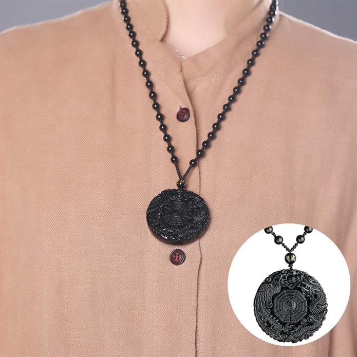 Natural Handwork Carved Black Obsidian Dragon Phoenix Yin Yang Pendant Necklaces