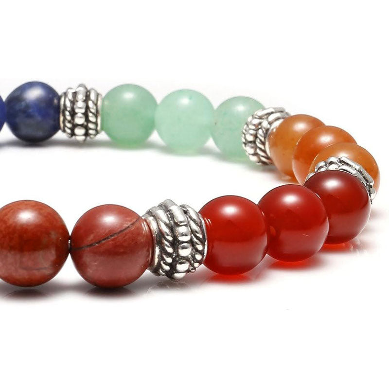 7 Chakra Reiki Healing Bracelet, Silver Alloy Life Tree Charm, Real Stones Yoga Meditation Mala Bead Elastic Bracelets