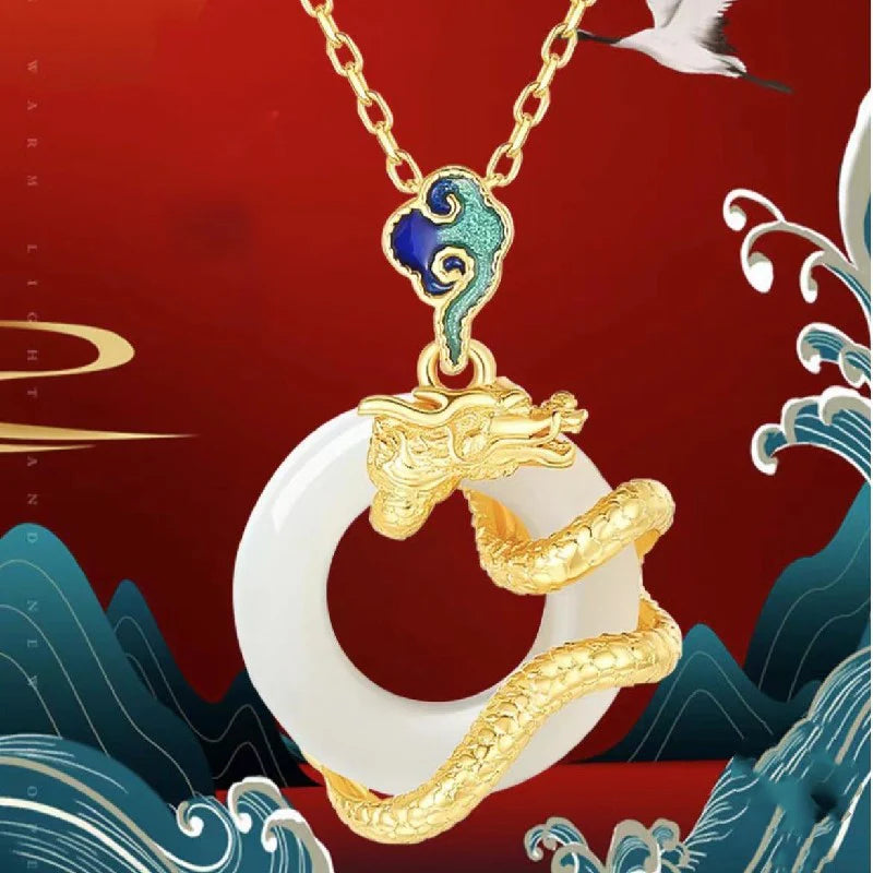 Year Of Dragon White Jade Peace Buckle 925 Silver Gold-plated Necklace - Auspiciousness And Prosperity