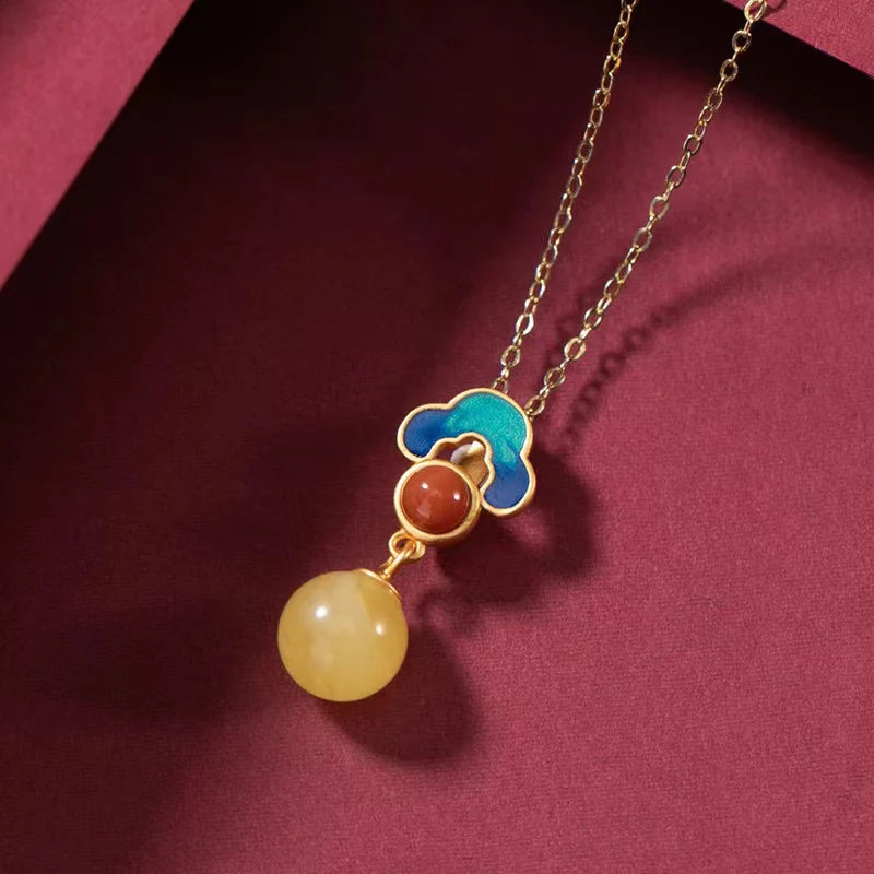 Auspicious Clouds Yellow Amber Jewelry Set - Prosperity and Lucky