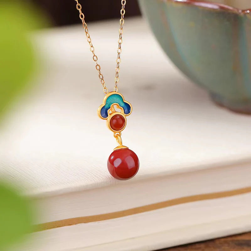 Auspicious Clouds Red Agate Round Bead Pendant S925 Sterling Silver Gold Plated Necklace - Wish And Lucky