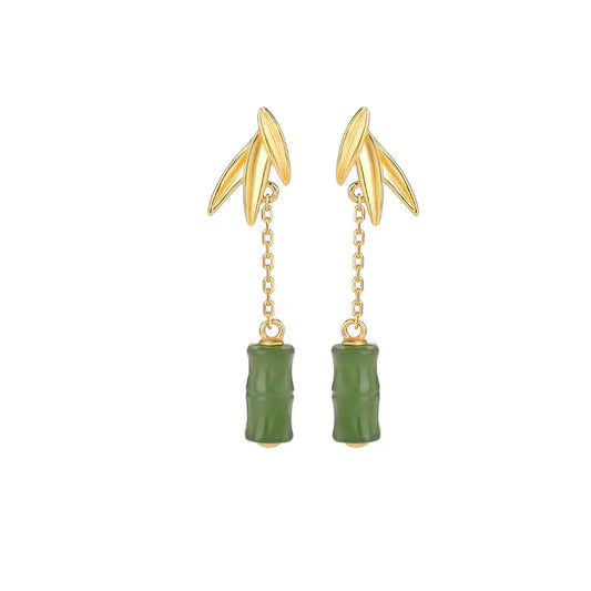 Green Bamboo Nephrite Drop 925 Silver Earrings - Prosperity Luck