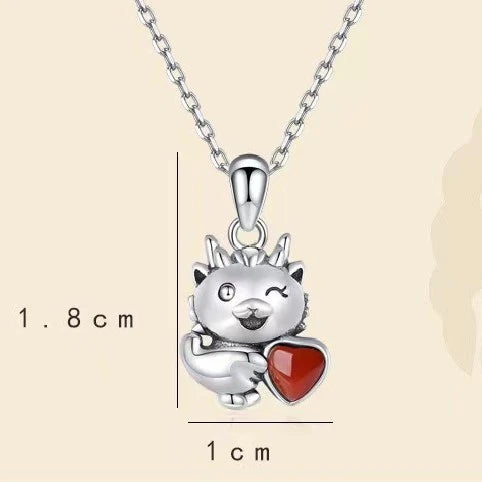 925 Silver Cute Zodiac Dragon Red Agate Love Heart Pendant Necklace - Prosperity And Fortune