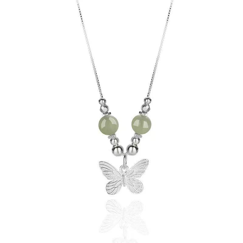 Butterfly Jade/Pearl Beads 925 Silver Necklace - Prosperity And Transformation