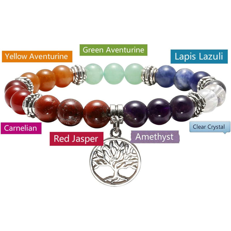 7 Chakra Reiki Healing Bracelet, Silver Alloy Life Tree Charm, Real Stones Yoga Meditation Mala Bead Elastic Bracelets