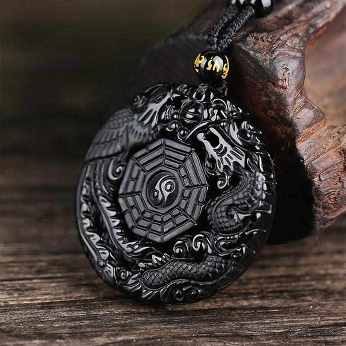 Natural Handwork Carved Black Obsidian Dragon Phoenix Yin Yang Pendant Necklaces