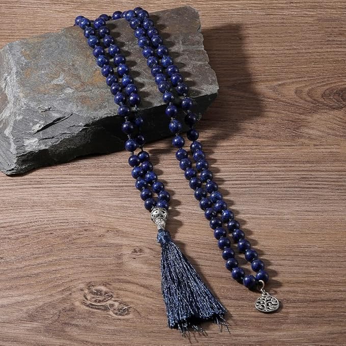 108 Mala Rosary Beads Knotted Tassel Necklace, Natural Lapis Lazuli Stone Necklaces with Tree of Life Pendant Yoga Jewelry Long Bead Necklace