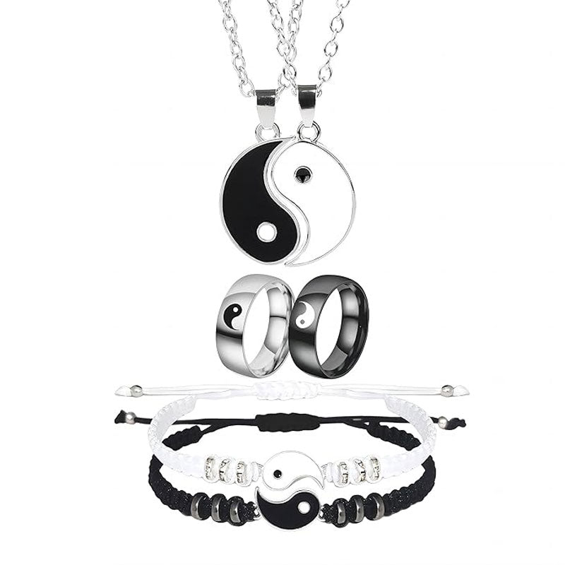 6 Pieces Matching Yin Yang Necklace Set for Couple, Yin Yang Tai Chi Ring Band, Yin Yang Adjustable Cord Bracelet, Jewelry Gift for Boyfriend Girlfriend Valentine's Day