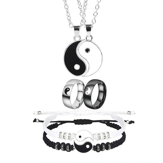 6 Pieces Matching Yin Yang Necklace Set for Couple, Yin Yang Tai Chi Ring Band, Yin Yang Adjustable Cord Bracelet, Jewelry Gift for Boyfriend Girlfriend Valentine's Day