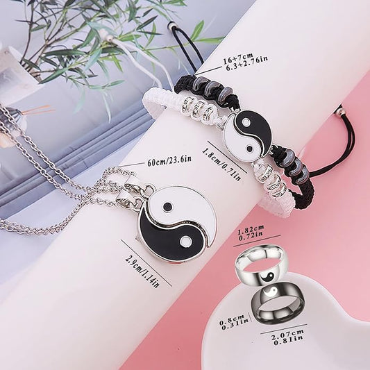 6 Pieces Matching Yin Yang Necklace Set for Couple, Yin Yang Tai Chi Ring Band, Yin Yang Adjustable Cord Bracelet, Jewelry Gift for Boyfriend Girlfriend Valentine's Day