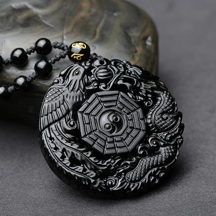 Natural Handwork Carved Black Obsidian Dragon Phoenix Yin Yang Pendant Necklaces