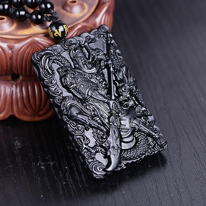 Natural Obsidian Dragon Guan Gong guan yu Necklace, Lucky Amulet Protection Pendant with Adjustable Bead Chain Black Crystal Talisman Spiritual Jewelry Gift