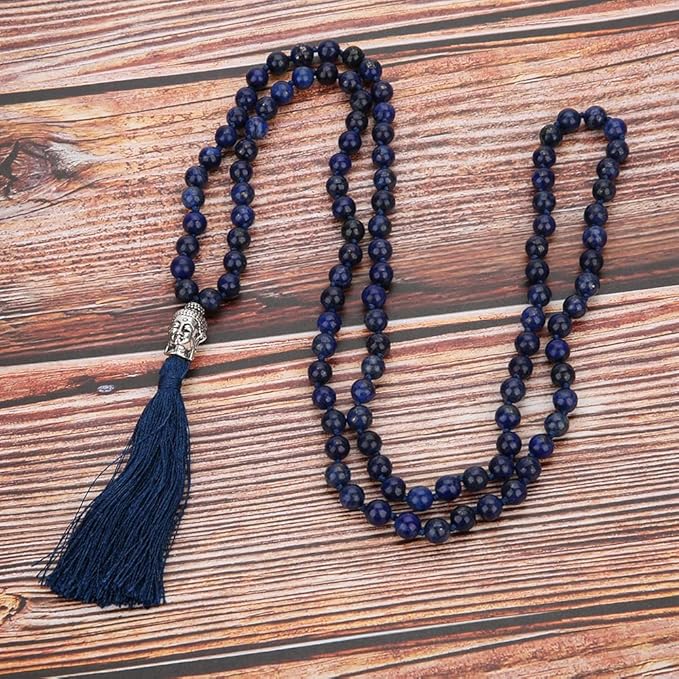 108 Mala Rosary Beads Knotted Tassel Necklace, Natural Lapis Lazuli Stone Necklaces with Tree of Life Pendant Yoga Jewelry Long Bead Necklace