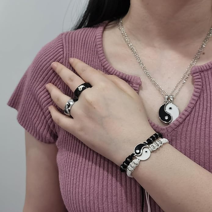 6 Pieces Matching Yin Yang Necklace Set for Couple, Yin Yang Tai Chi Ring Band, Yin Yang Adjustable Cord Bracelet, Jewelry Gift for Boyfriend Girlfriend Valentine's Day