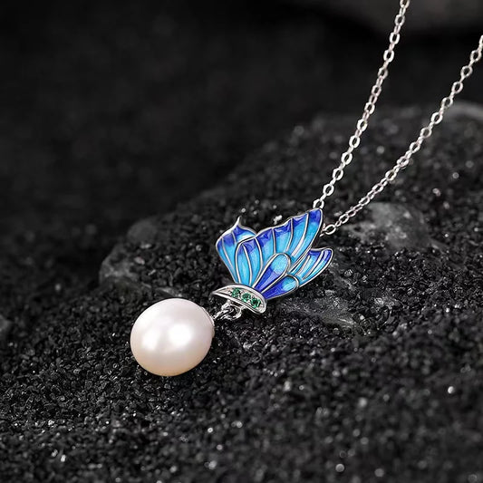 Natural Pearl Blue Enamel Butterfly 925 Silver Necklace - Harmony And Peace