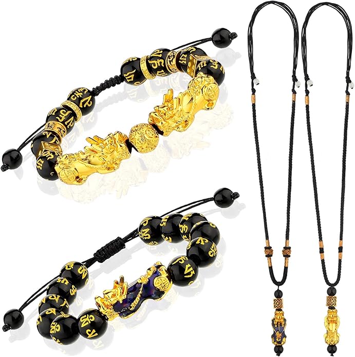 4 Pieces Feng Shui Bracelet Necklace Set, Pi Xiu Pi Yao Bead Bracelet, Wealth Bracelet Good Luck Necklace, Adjustable Friendship Charm Bracelet Jewelry for Women Men