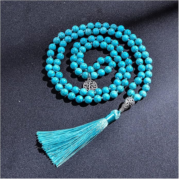 8mm Natural Turquoise Stone Beads Knotted 108 Mala Beaded Necklace with Tree of Life Pendant, Meditation Yoga Prayer Jewelry Tree of Life Pendant Tassel Japa Mala Rosary Beads Necklaces