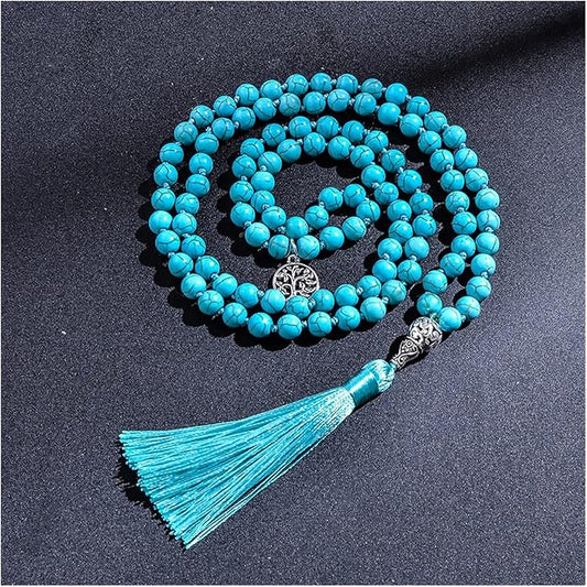 8mm Natural Turquoise Stone Beads Knotted 108 Mala Beaded Necklace with Tree of Life Pendant, Meditation Yoga Prayer Jewelry Tree of Life Pendant Tassel Japa Mala Rosary Beads Necklaces