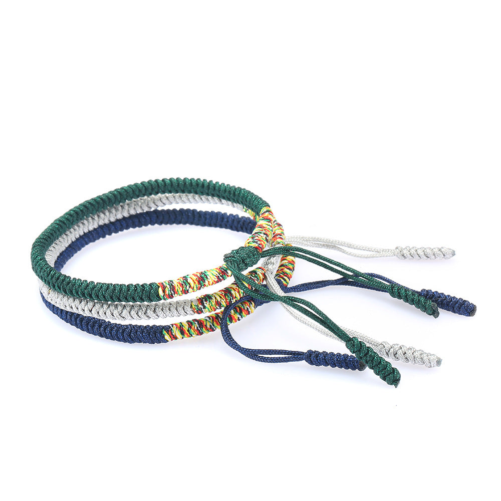 Tibetan Buddhist Handmade Lucky Knot Rope Bracelet (Navy Blue, Silver, Dark Green) One Size