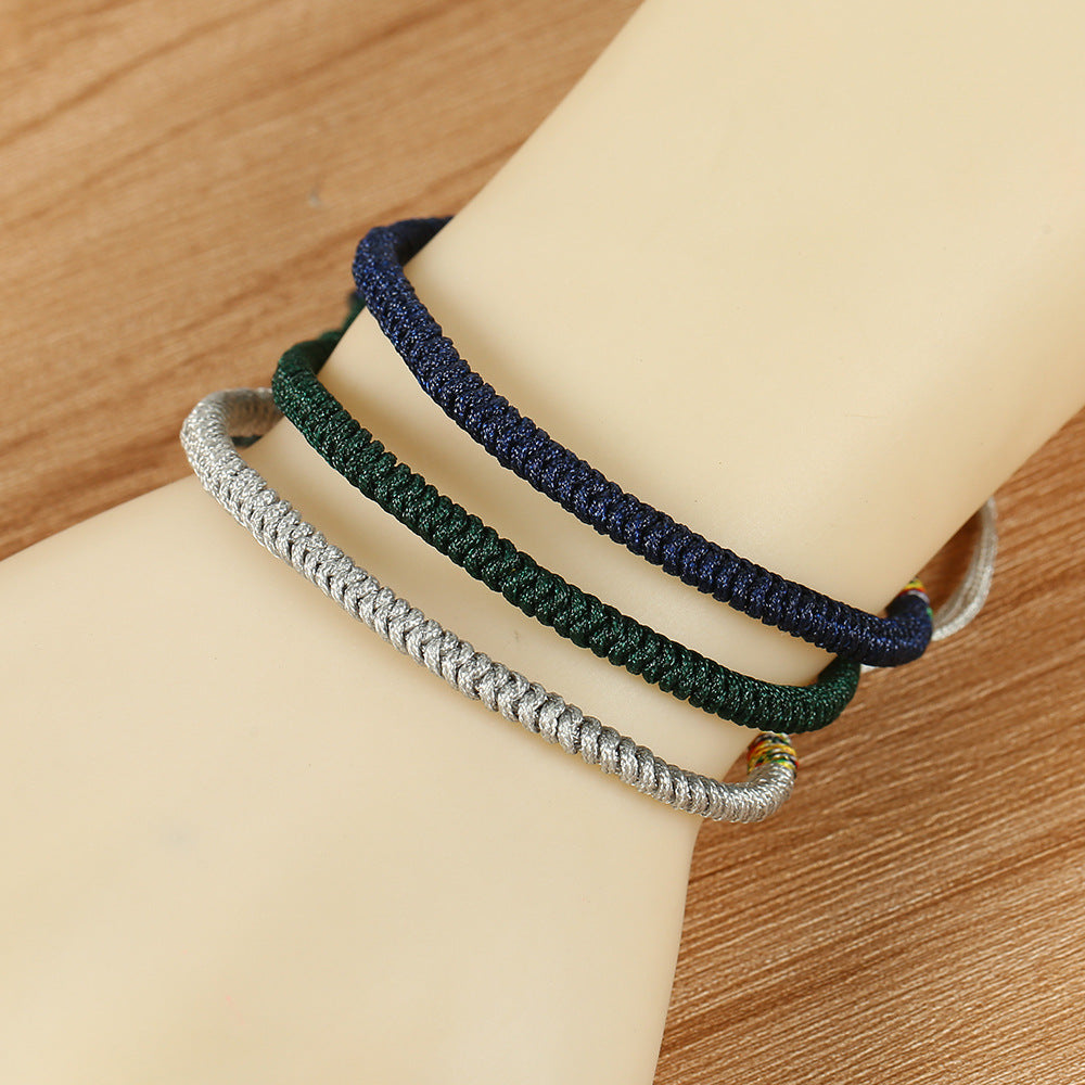 Tibetan Buddhist Handmade Lucky Knot Rope Bracelet (Navy Blue, Silver, Dark Green) One Size