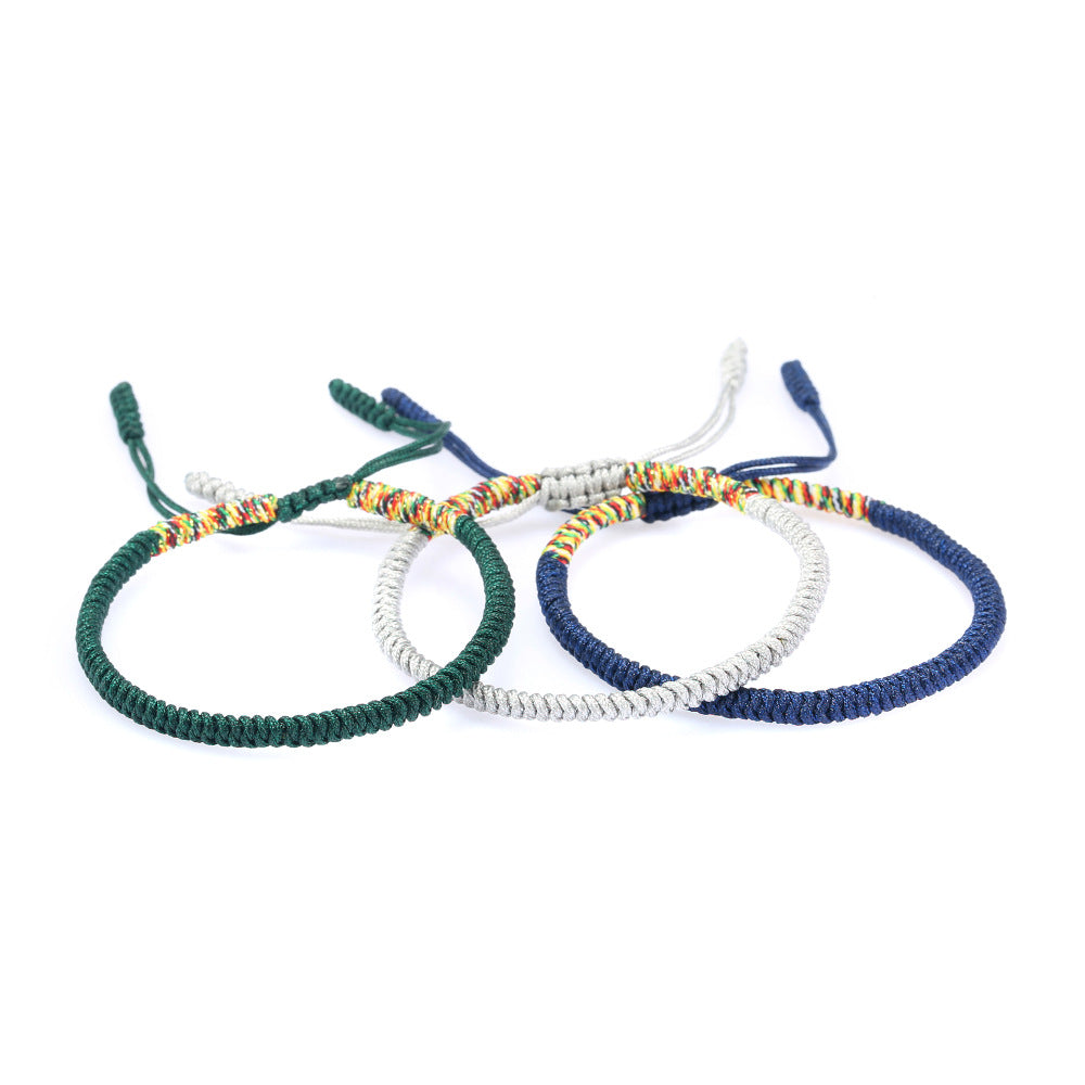 Tibetan Buddhist Handmade Lucky Knot Rope Bracelet (Navy Blue, Silver, Dark Green) One Size