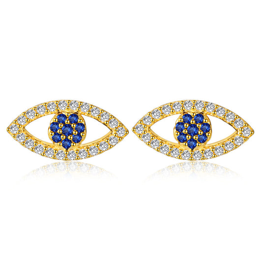 S925 Sterling Silver Gold Plated Evil Eye Earrings Gold Colored Blue and White Stone Evil Eye Silver Stud Earrings