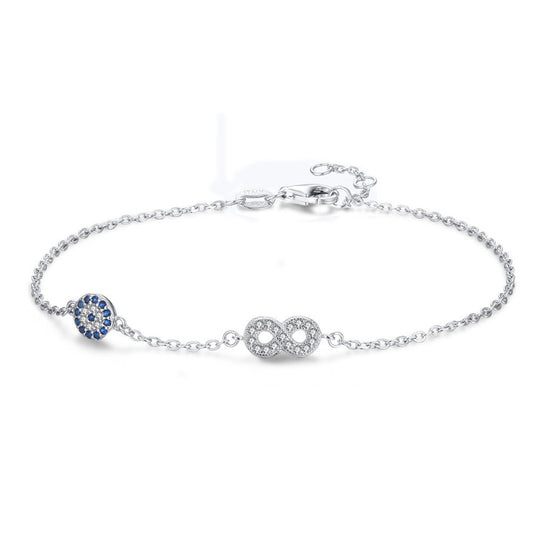 Blue Evil Eye Infinity Sign Bracelet Sterling Silver 925 Cubic Zirconia Length Adjustable 16-17-18cm