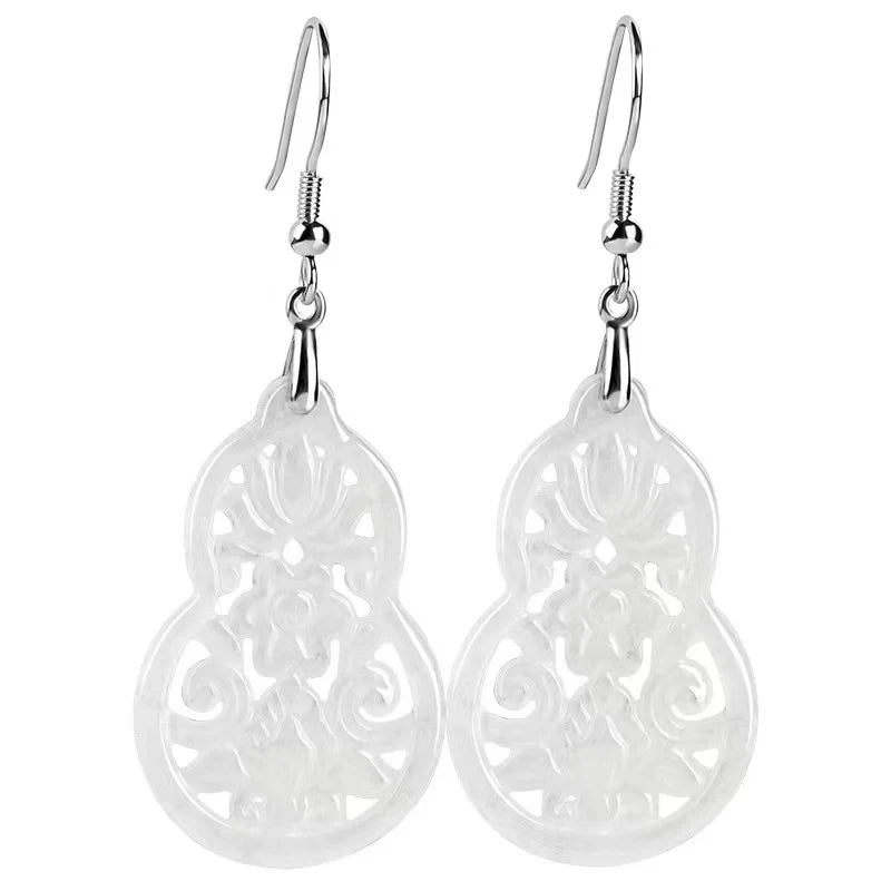 Natural Wulu White Jadeite Fortune 925 Silver Earrings - Peace And Blessings