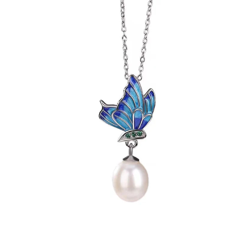 Natural Pearl Blue Enamel Butterfly 925 Silver Necklace - Harmony And Peace