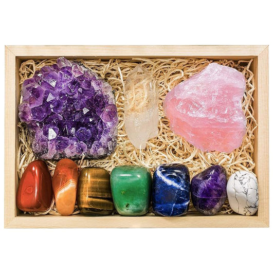 Premium Grade Crystals and Healing Stones in Wooden Display Box, Rose Quartz, Amethyst Crystal, 7 Tumbled Chakra Gemstones, Quartz Crystal Point + Guide & Instructions - Gift Kit